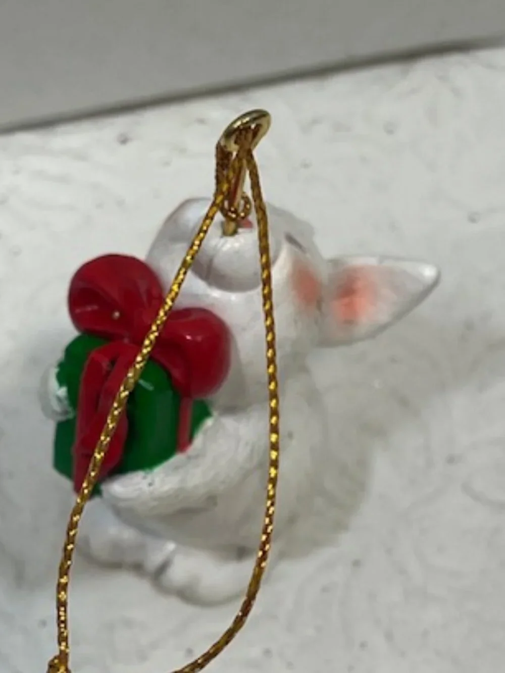 VTG White Christmas Rabbit Tree Ornament Holding Present Holiday Decor1.5